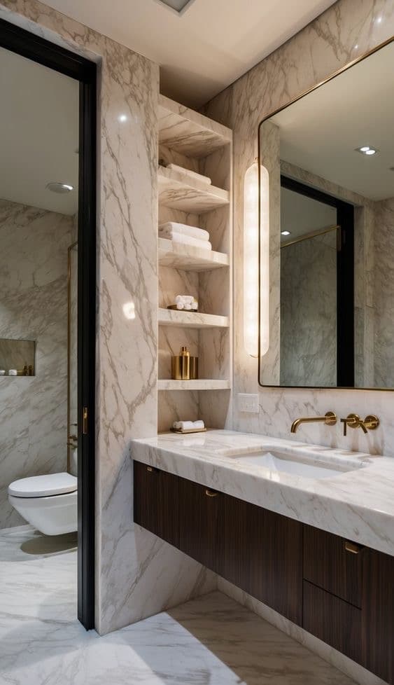 Luxury marble bathroom with gold fixtures and built-in shelving