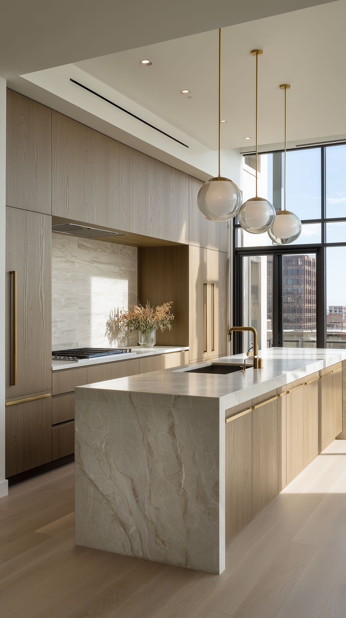 Modern luxury kitchen with marble waterfall island and brass pendants